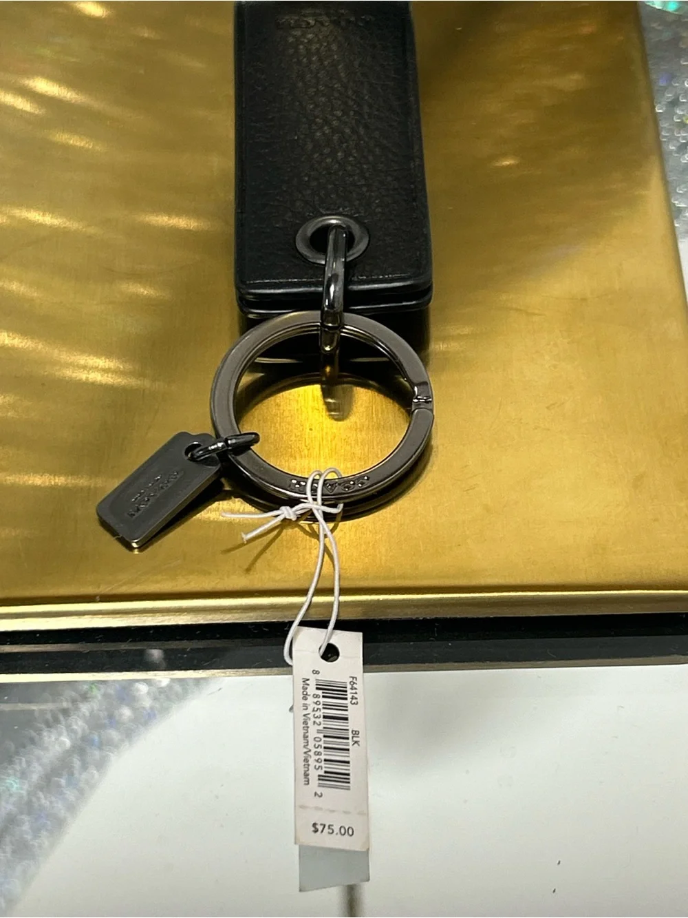 Coach Black Leather Key Fob with Silver Hardware and Logo Tags